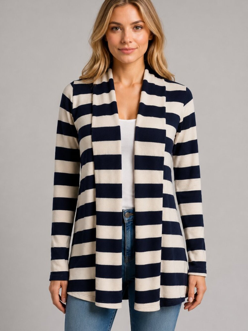 Pretty Good M Navy Cream Striped Open Front Cardigan Made in USA